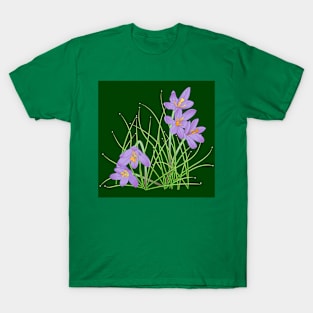 Crocus Flowers on Dark Green T-Shirt